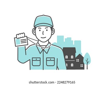 Vector illustration of a male worker visiting a house (showing an ID card)