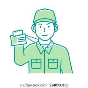Ilustración vectorial de un trabajador varón visitando una casa (mostrando una tarjeta de identificación)