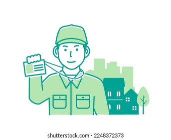 Vector illustration of a male worker visiting a house (showing an ID card)