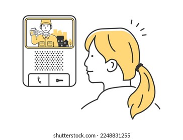 Vector illustration of a male worker visiting a house (showing an ID card) | doorbell, intercom