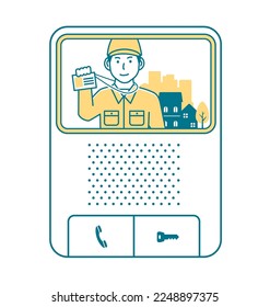Ilustración vectorial de un trabajador varón visitando una casa (mostrando una tarjeta de identificación) | timbre de la puerta, intercomunicador
