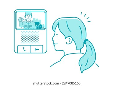 Ilustración vectorial de un trabajador varón visitando una casa (mostrando una tarjeta de identificación) | timbre de la puerta, intercomunicador