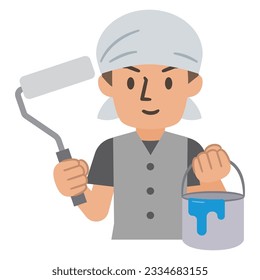 Vector illustration of a male workman holding a paint roller