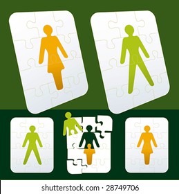Vector illustration of male/female puzzle. Each piece in separate shape. Frontal and perspective view. Only global colors. CMYK. Easy color changes.