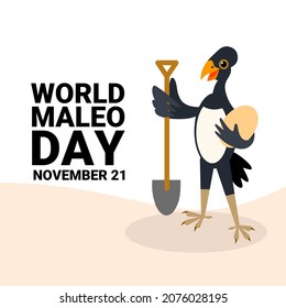 Vector illustration, maleo bird (Macrocephalon maleo) cartoon character carrying an egg and shovel, as a banner or poster for world maleo day.