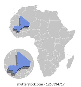 Vector illustration of Mali in blue on the grey model of Africa map with zooming replica of country