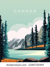 Vector illustration Maligne Lake. Canada, design for travel poster, banner, travel postcard. Design for packaging. Canadian forest.