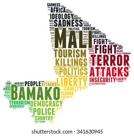 Vector and illustration of Mali's map filled with words and concepts related to the November's attacks.