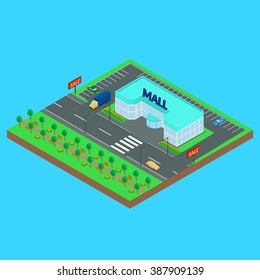 Vector illustration. Mall on a city street. Road, car, truck, Park. Isometric.