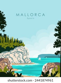 Vektorgrafik. Mallorca, Spanien, Reiseplakat, Design. Design für Postkarte, Banner. Tourismus, Reisen.