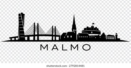 Vector illustration of the Malmo city skyline, featuring iconic landmarks and buildings, presented as a clean black silhouette on a transparent background.