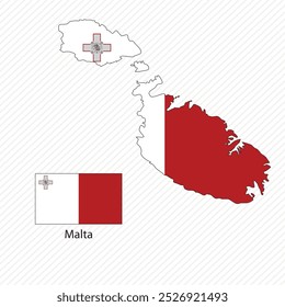 Ilustración vectorial con la bandera nacional de Malta con la forma del Vector del mapa de Malta (simplificado). Sombra de volumen en el mapa