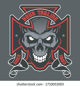 Vector illustration with Maltese cross with a skull. Biker symbol. Motorcycle club T shirt graphics concept. 