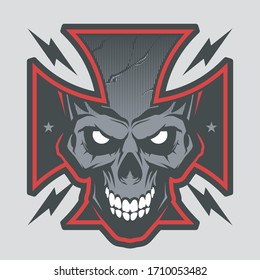 Vector illustration with Maltese cross with a skull. Biker symbol. Motorcycle club T shirt graphics concept. 