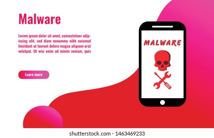 Vector illustration of malware  on smartphone. Cyber security concept. Banner, website, brochure design.