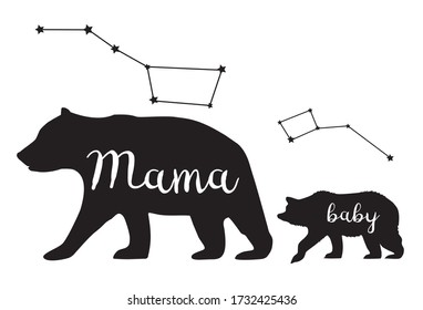 Vector Illustration Of Mama Bear And Baby Bear Silhouette With Constellations.