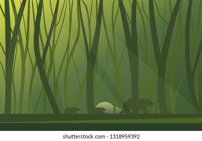 vector illustration of mama bear and cubs walking silhouettes  in the green forest under sun rays