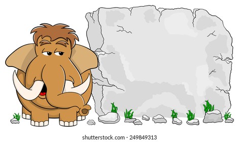 vector illustration of a mammoth in front of stone tablet with copy space