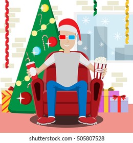 Vector illustration of a man in 3d glasses. Decorated room. New Year. Flat.