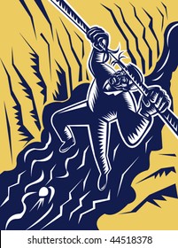 vector illustration of a man about to fall hanging from a rope about to break with river below him.