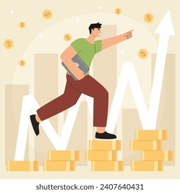 Vector illustration of a man achieving financial success, managing finances, managing financial income. Concept of finance, money, success.