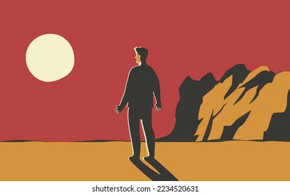 Vector illustration of a man alone looking at the sun or to the moon.
