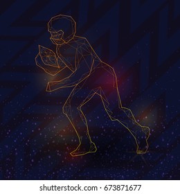 Vector illustration with man American football player. Silhouette from gold triangles. Sport vector illustration. Background in futuristic style. 