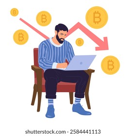 Vector illustration of a man analyzing Bitcoin price drop, crypto dump, symbolizing cryptocurrency market volatility and financial losses in digital assets.