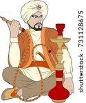Vector illustration. A man in ancient Asian clothes is smoking a hookah.