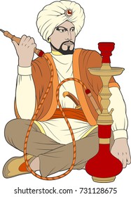 Vector illustration. A man in ancient Asian clothes is smoking a hookah.