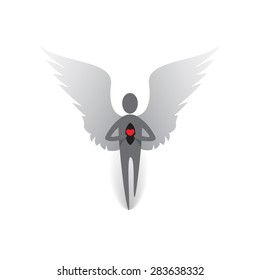 Vector illustration. Man angel shows heart.