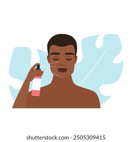 Vector illustration of a man applying facial mist spray for skin hydration and care.