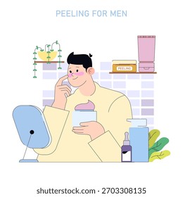 Ilustração vetorial de um homem aplicando creme durante sua rotina de cuidados com a pele. O cenário inclui produtos de cuidados com a pele, como garrafas e frascos, criando uma atmosfera relaxada de autocuidado.