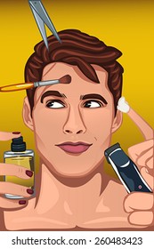 A vector illustration of man applying various beauty products to face