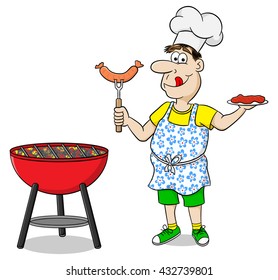 Vector Illustration Man Apron Grilling Steak Stock Vector (Royalty Free ...