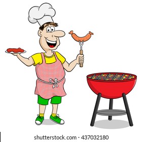 Vector Illustration Of A Man With Apron Grilling Steak And Sausages