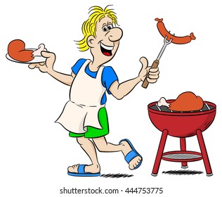 vector illustration of a man with apron grilling meat and sausages
