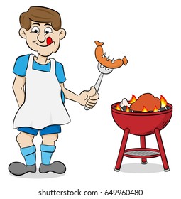 vector illustration of a man with apron grilling steak and sausages