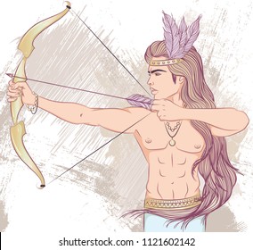 Vector illustration of a man archer with a bow arrow. A man with a naked torso. The illustration on decorative grunge background in retro colors