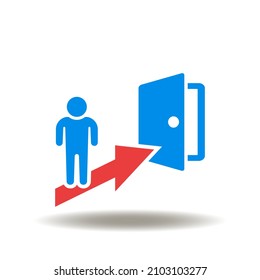 Vector illustration of man with arrow and door. Icon of emergency evacuation. Symbol of exit direction.