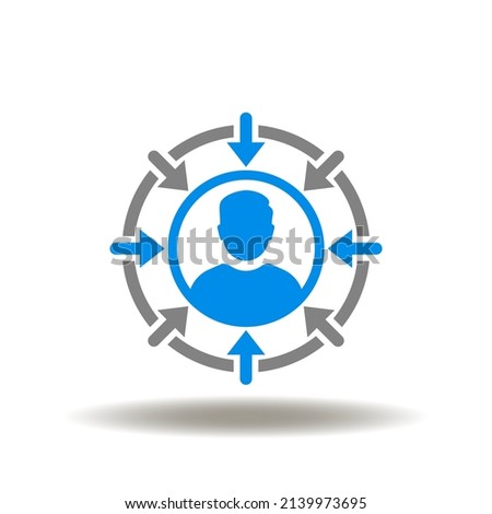 Vector illustration of man with arrows inside center. Icon of customer centricity. Symbol of client-oriented and customer focus. Sign of client centred. Foto d'archivio © 