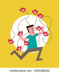Vector Illustration of a Man attacked buy a bunch of flying soda glasses. Soda flying around a man.