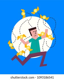 Vector Illustration of a Man attacked buy a bunch of Euro coin. Coins/Money flying around a man.
