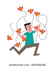 Vector Illustration of a Man attacked buy a bunch of hot dogs. Hot Dogs/Sausages flying around a man.