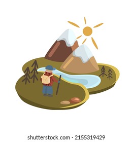 Vector illustration of a man with a backpack ascending to the mountains and lake. Tourist illustration in cartoon style.