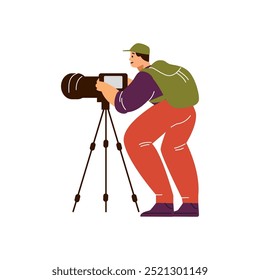 Vector illustration of a man with a backpack and a camera. The character is capturing moments of wild nature in a flat cartoon style on an isolated background.