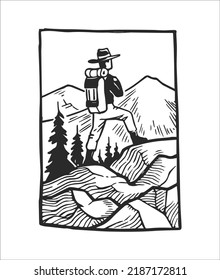 Vector illustration of man with backpack on background of landscape.  Stamp for camping design. Sketch with traveler in the mountains.