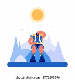 Vector illustration of man with backpack sitting on hill and wiping sweat from head while resting during trip through highlands