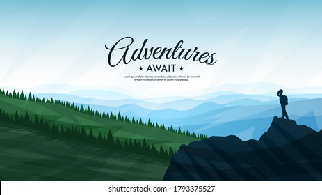 Vector illustration. A man with a backpack stands on top of a rock and looks at the mountains. Flat design. Concept of discovery, exploration, hiking, adventure tourism and travel. Landscape view.