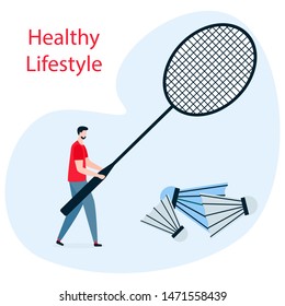 Vector illustration with man, badminton equipment. Playing sports. Workout for wellness and activity. Healthy lifestyle. Design for app, websites, print, presentation.